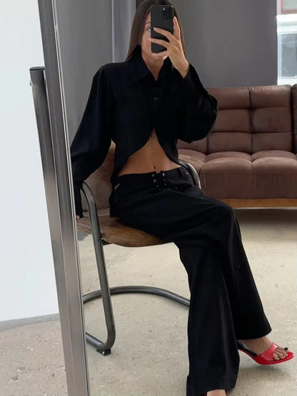 Airy & Stylish Two-Piece Linen Set with Long Sleeve Top and Trousers for Women – Nayela-Black-S-Nora Luxe