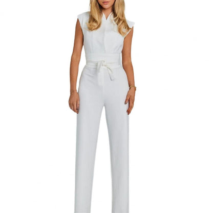 Airy women's jumpsuit with wide legs and a V-neck – Maribel-White-S-Nora Luxe
