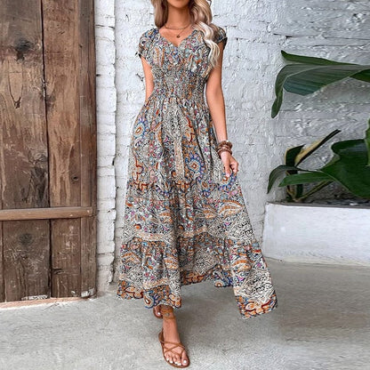 Airy women's maxi dress with ethnic print & V-neck – Nayeli-Brown-S-Nora Luxe