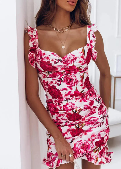 Airy wrap dress with floral print & ruffles – flattering fit for summer – Sylvia-Red-White-S-The Livary