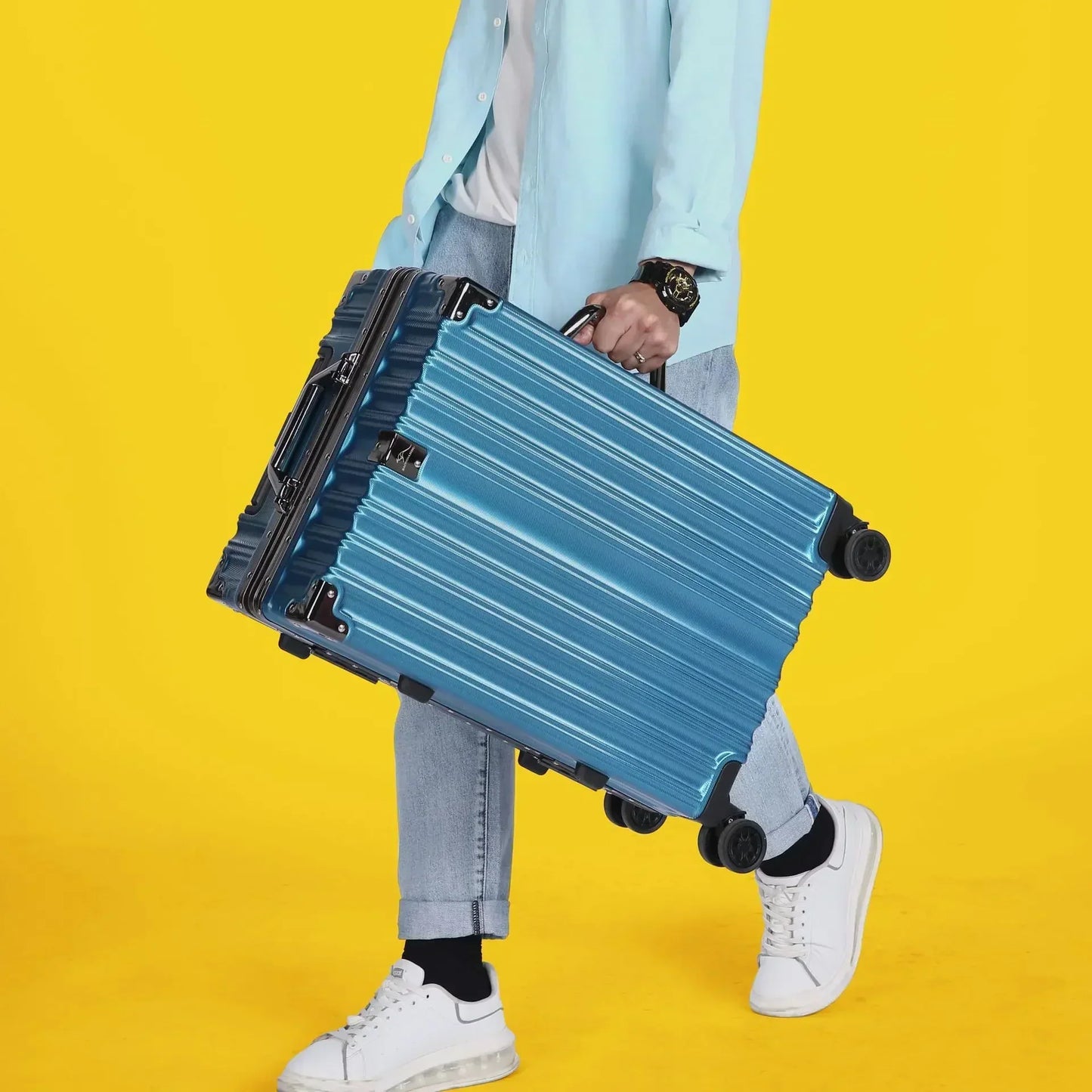 Aluminum frame hard shell suitcase – Geneva-Blue-S (38 L)-Nora Luxe