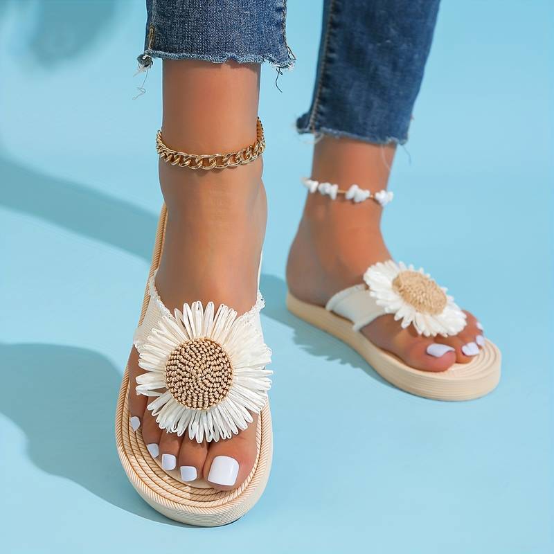 Boho Slip-On Sandals with Flower Detail – Marivi-Black-3-State of Style