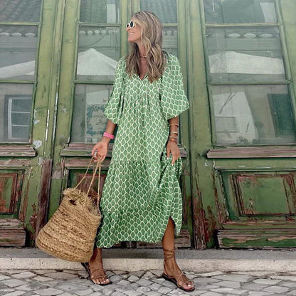 Boho summer dress in Ibiza style with a loose fit – Elira-Green & White-S-Nora Luxe