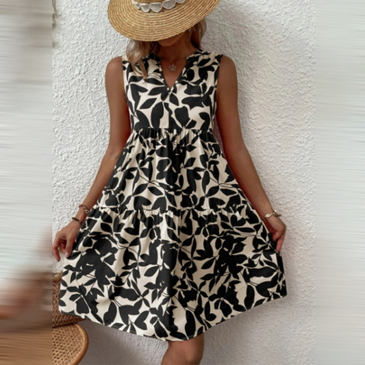 Boho Summer Dress with Print and V-neck – Yalina-Black-S-State of Style