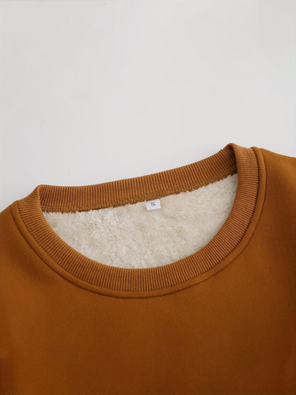 Brauner Fleece-Pullover, Rundhalsausschnitt, weiches Innenfutter, Wintermode, Größe S.