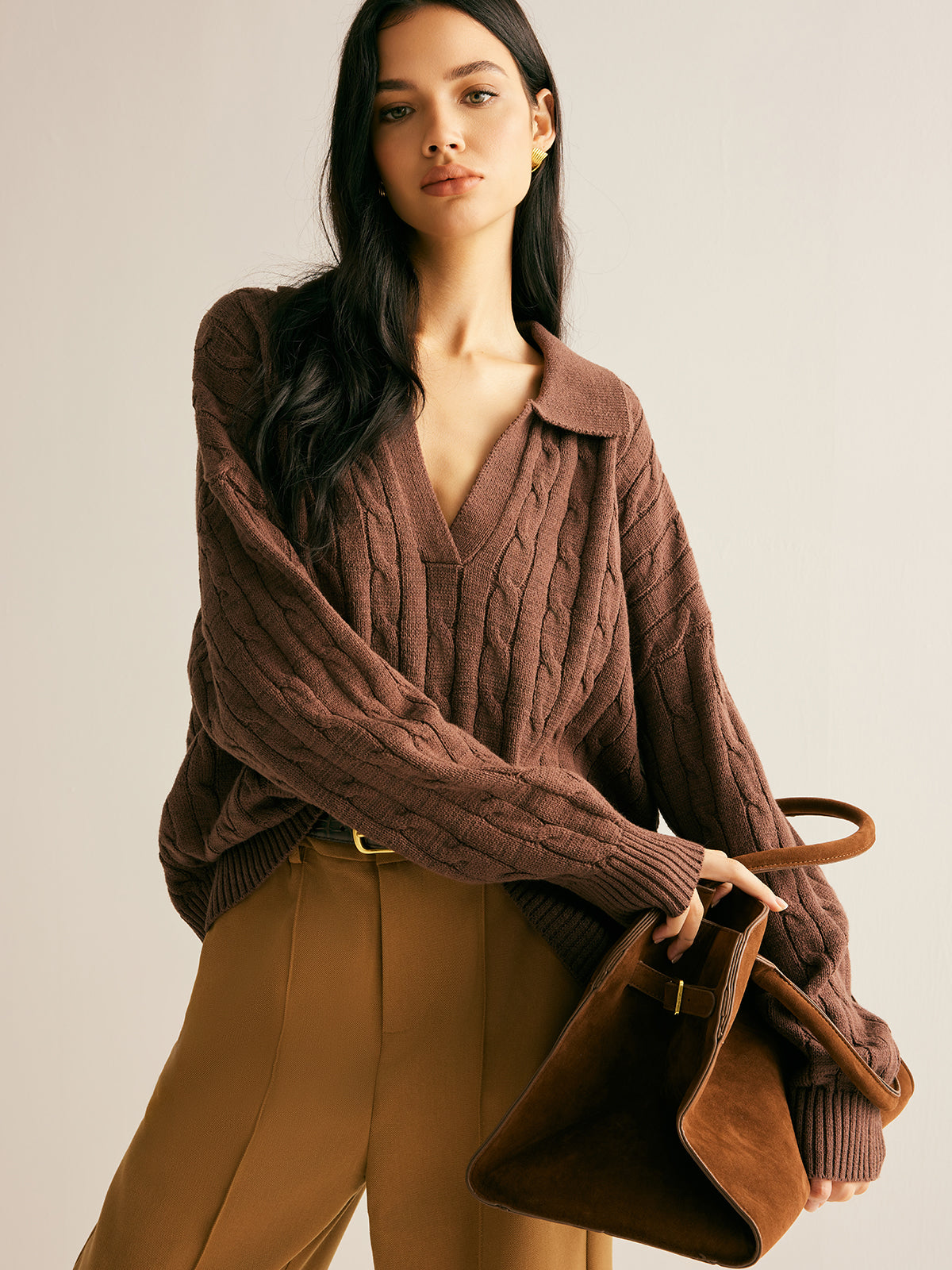 Brown V-Neck Jumper for Women - Sienna-XS-Nora Luxe