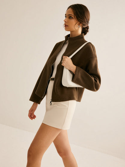 Brown Zipper Jacket for Women - Elena-XS-Nora Luxe
