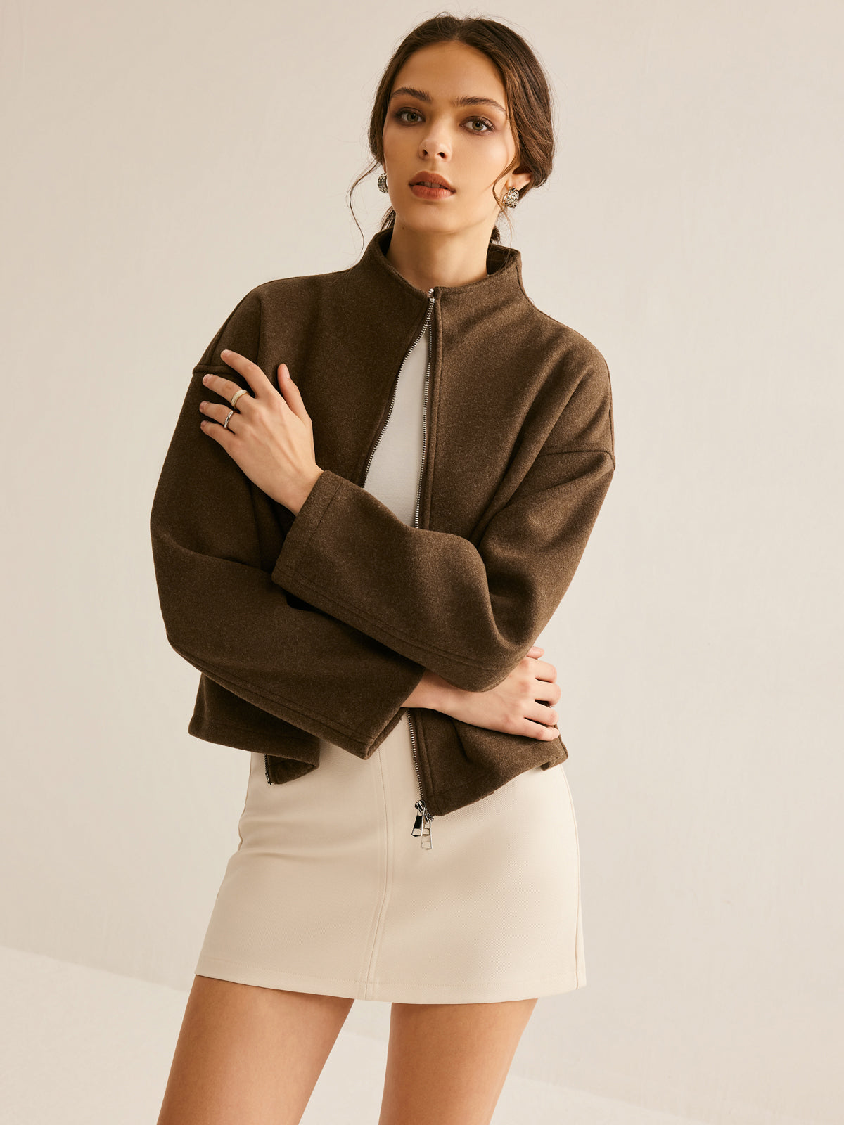 Brown Zipper Jacket for Women - Elena-XS-Nora Luxe