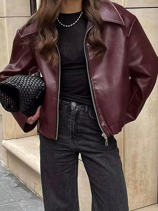 Bordeaux Red Leather Ladies Jacket with Zipper – Alessia
