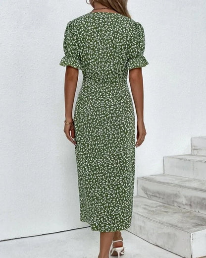 Button dress with V-neck & short sleeves – Luisa-Green-S-Nora Luxe