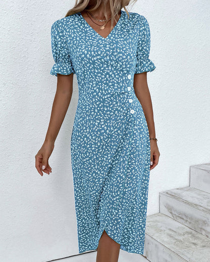 Button dress with V-neck & short sleeves – Luisa-Green-S-Nora Luxe