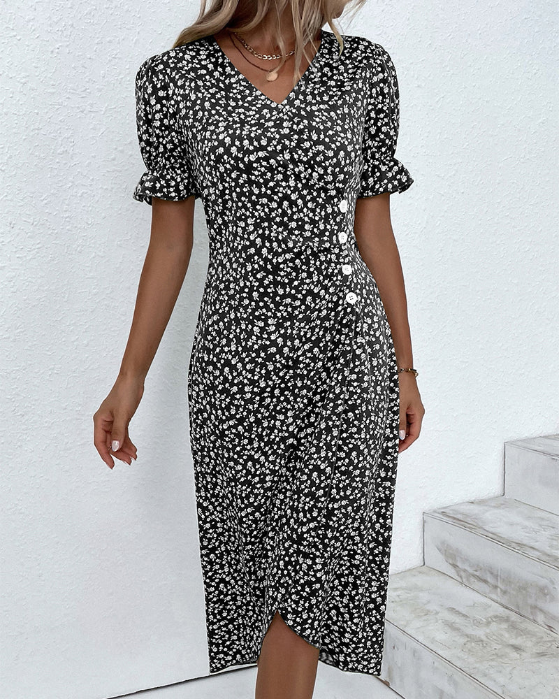 Button dress with V-neck & short sleeves – Luisa-Green-S-Nora Luxe