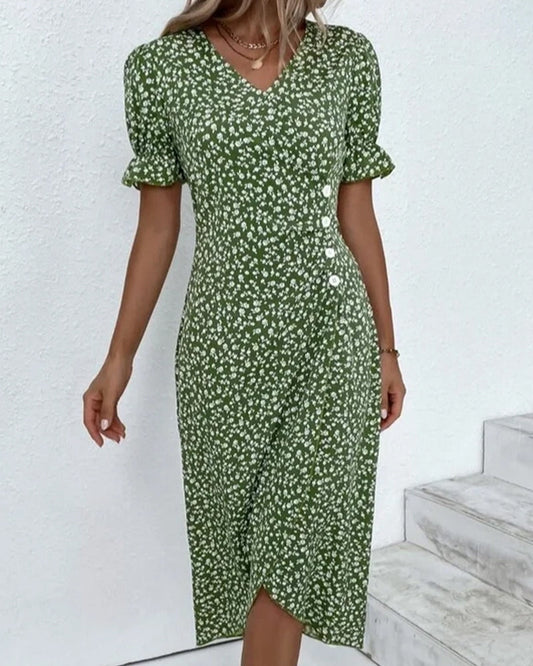 Button dress with V-neck & short sleeves – Luisa-Green-S-Nora Luxe