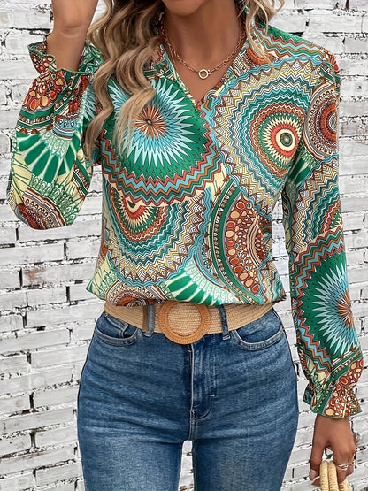 Ladies' blouse with floral pattern & V-neck for spring & autumn – Selina