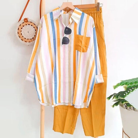 Casual Blouse and Trousers Set in Light Fabric – Noémie-Yellow-S-State of Style