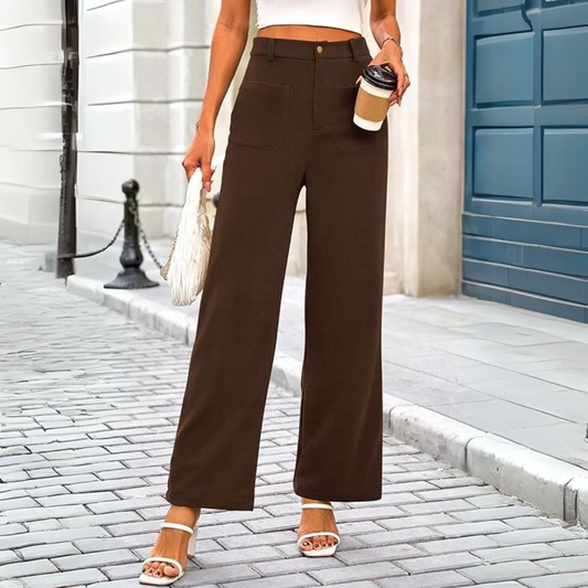 Casual Wide Palazzo Trousers with High Waist and Pockets - Clarissa-Khaki-XS-Nora Luxe