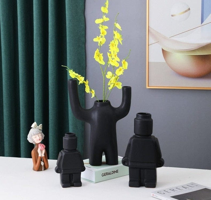 Ceramic Flower Pots Robot - BrickBotanica-Black-S-The Livary