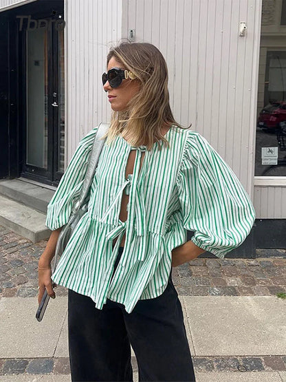 Checked Ladies Blouse with Puff Sleeves – Maeve-Green-S-State of Style