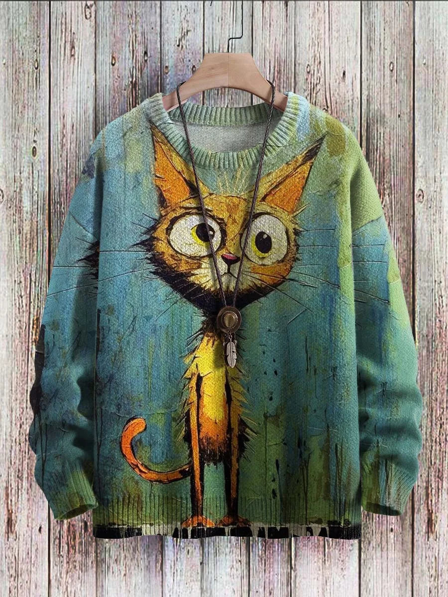 Cheerful Cat Print Sweater for Women - Cleo-Simba-S-Nora Luxe
