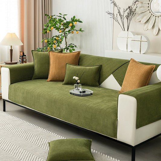 Chenille Bank Protector with Herringbone Structure – VeluraShield-Green-27.6×27.6in-Nora Luxe