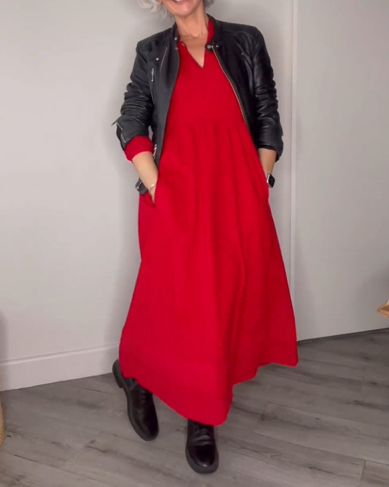 Classic Midi Dress with V-neck - Eleanor-S-Nora Luxe