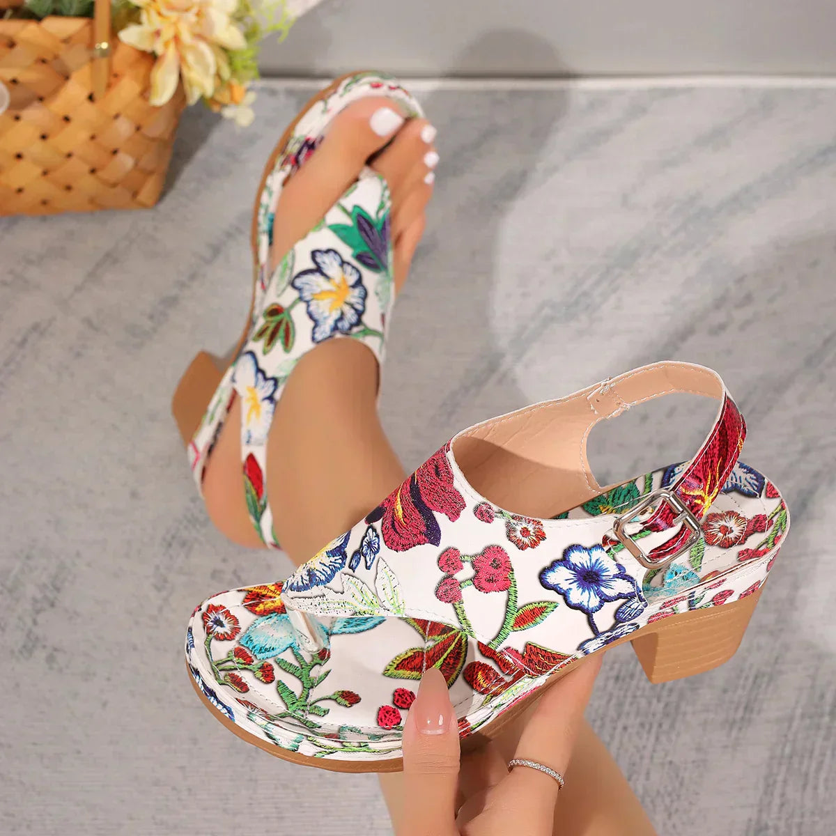 Colorful women's sandals with floral pattern and block heel – Yasmina-3.5-Nora Luxe
