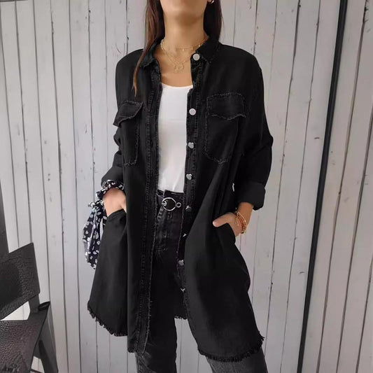 Comfortable Faux Denim Shirt - Sophie-Black-M-Nora Luxe