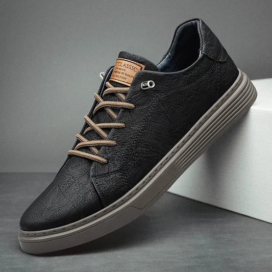 Comfortable Oxford Leather Men's Sneakers - Ethan-5-Black-Nora Luxe