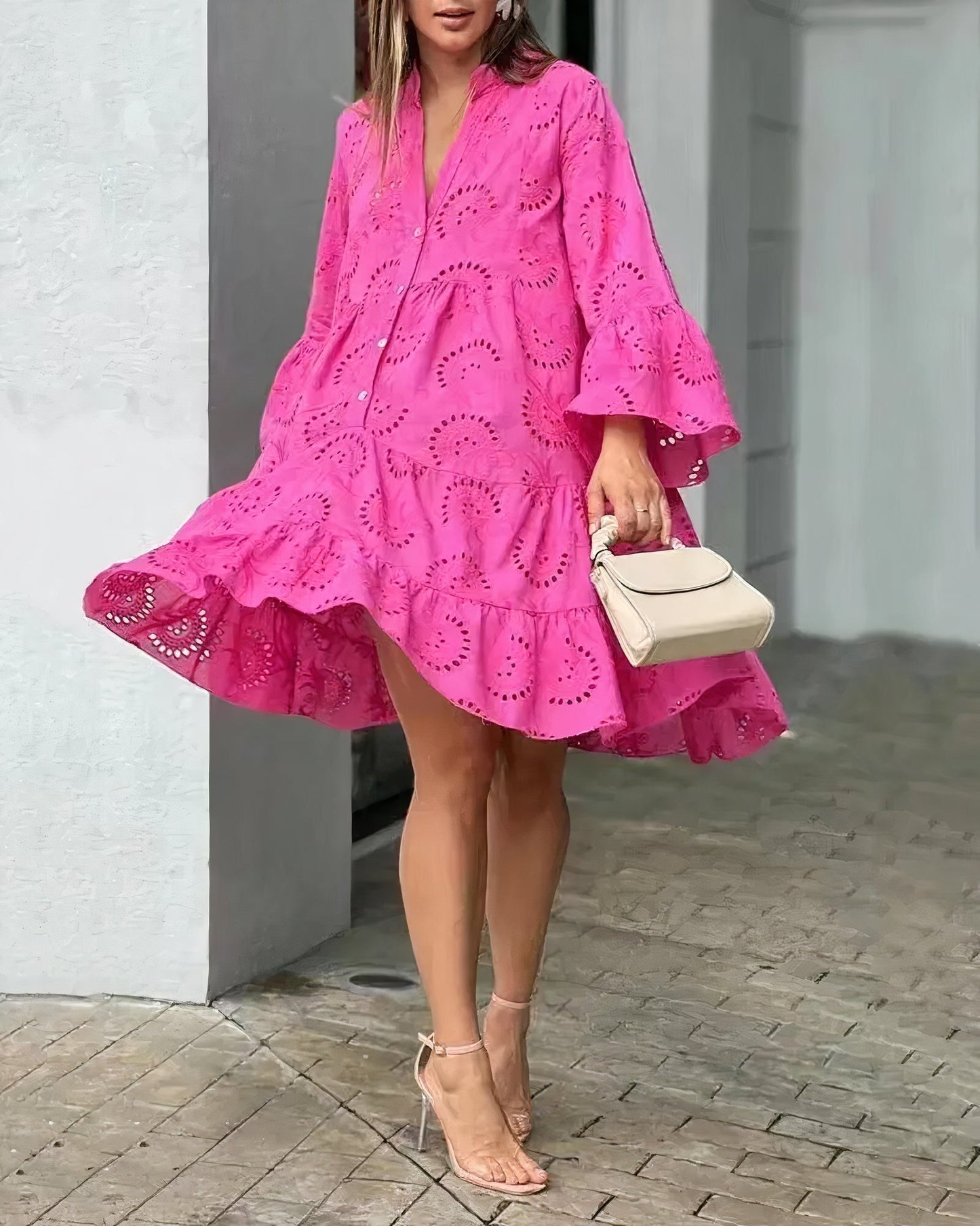 Comfortable Summer Dress with Collar and V-neck – Sarah-Dark pink-S-State of Style