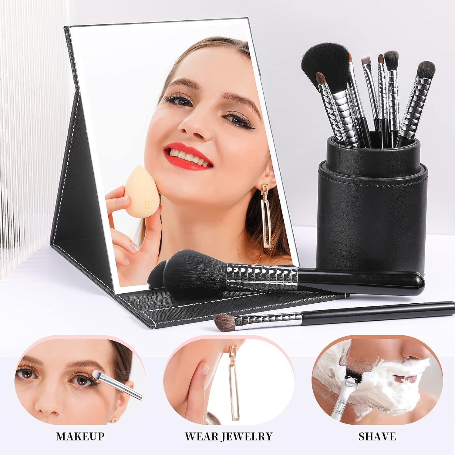 Compact Make-up Mirror with Stand-Black-Nora Luxe