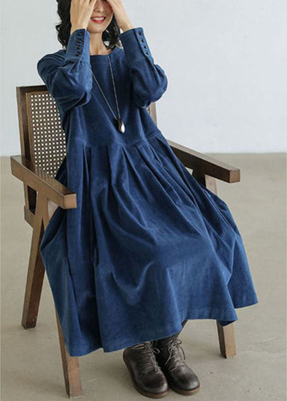 Corduroy Autumn/Winter Dress - Emilia-Blue-S-Nora Luxe