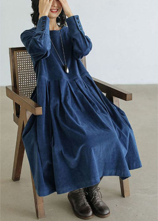 Corduroy Autumn/Winter Dress - Emilia-Blue-S-Nora Luxe