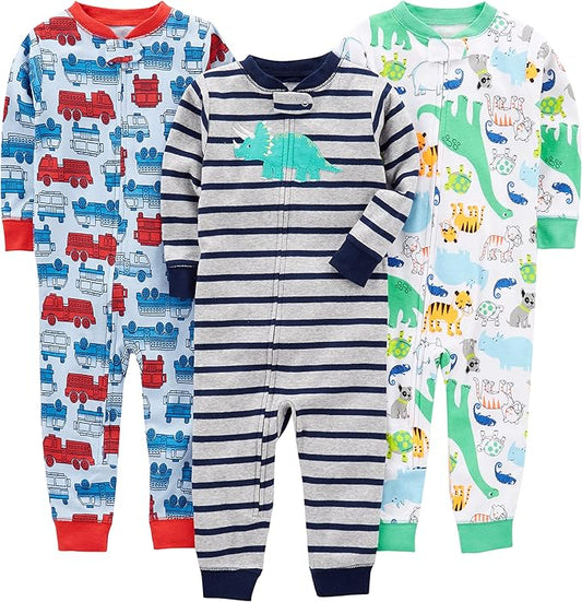 Cotton Pajama Set for Children-Blue Fire Truck/Gray Stripe/White Dinosaur-6-9 months-Nora Luxe