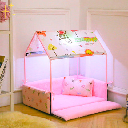 Covered Fleece Sleeping Bed with Canopy and Cushion-Pink-Nora Luxe
