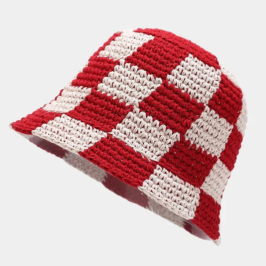 Crocheted ladies' fisherman's hat with check pattern – Faye-Red White-Nora Luxe