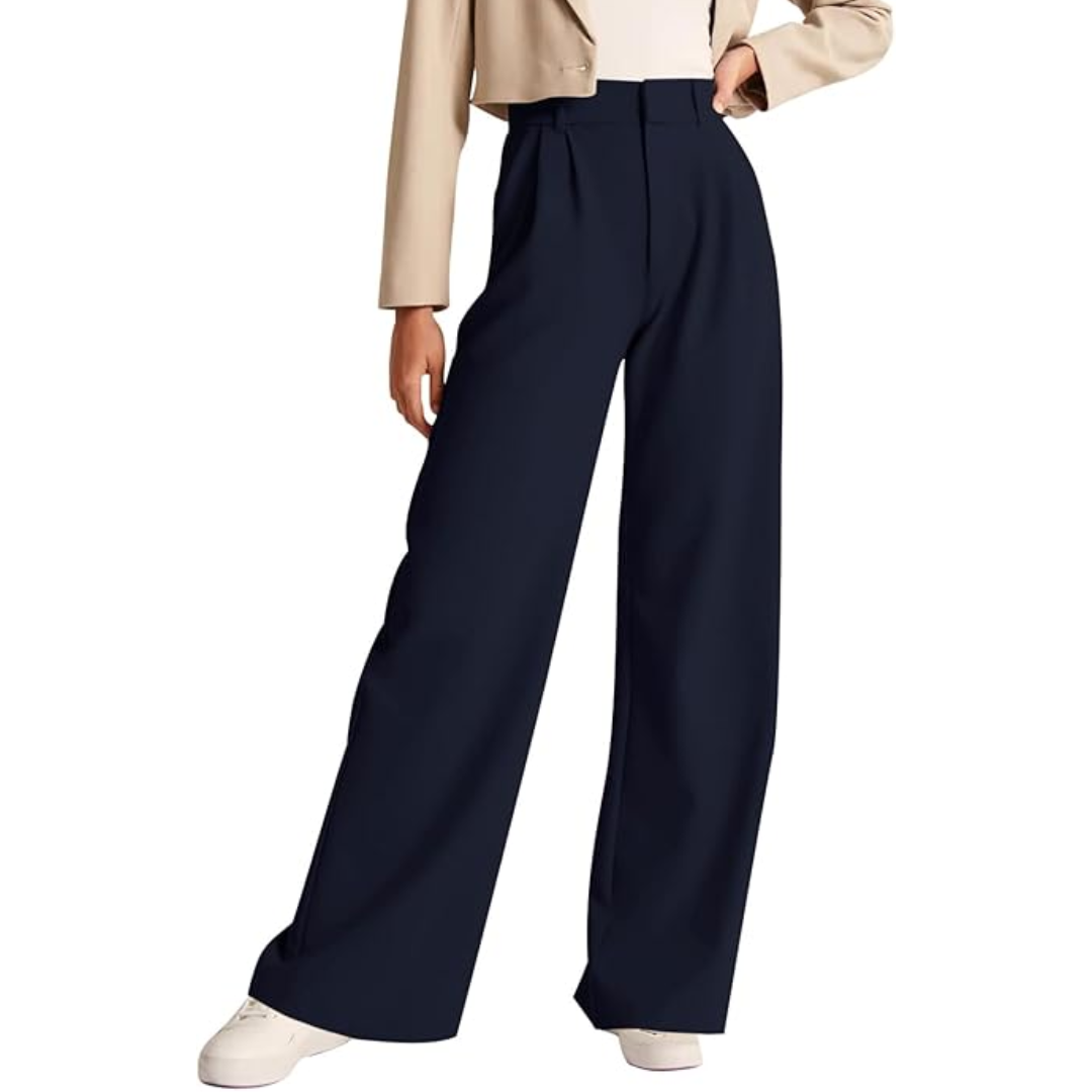 Damenhose, dunkelblau, weit geschnitten, elegant, aus Baumwolle, modisch, für Büro und Freizeit.