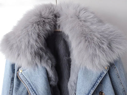 Denim and Faux Fur Elegance Jacket - Stella-Blue-XS-Nora Luxe