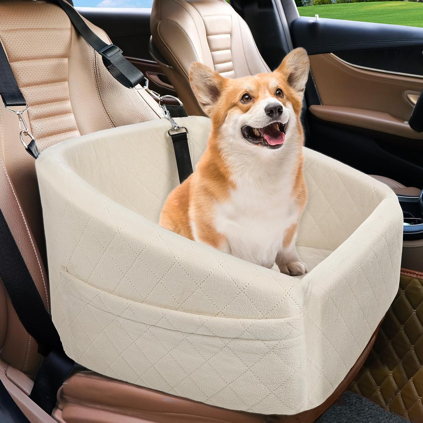 Dog seat with seat belt & storage compartments-White-Nora Luxe