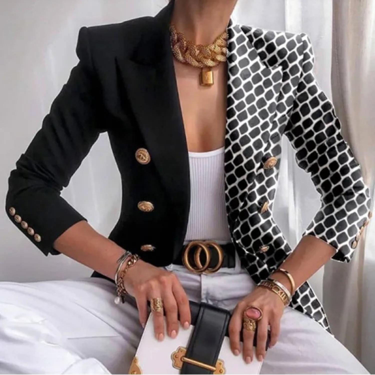 Double-breasted Ladies Blazer with Lapels - Eleganza-Black and white-S-Nora Luxe