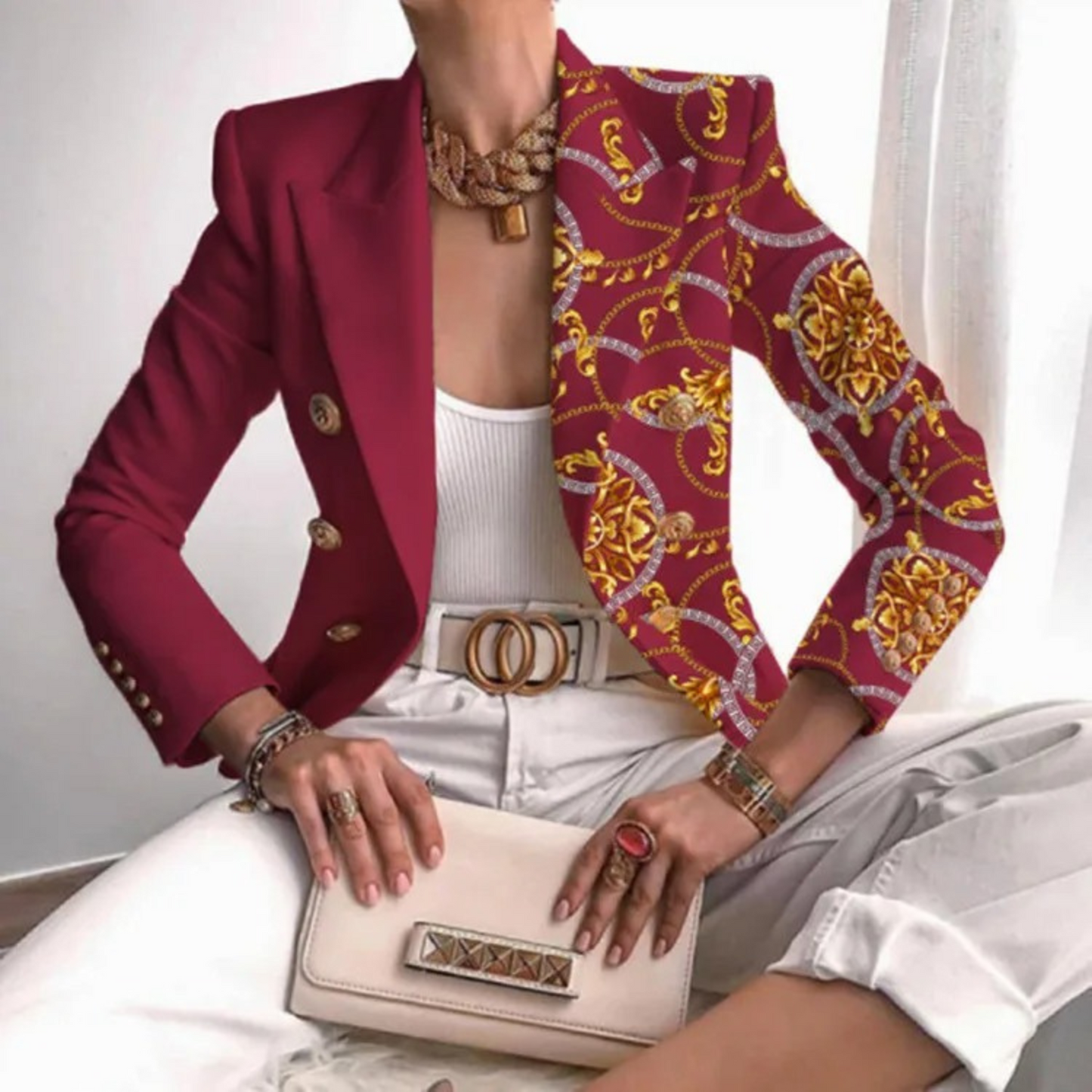 Double-breasted Ladies Blazer with Lapels - Eleganza-Dark red-S-Nora Luxe