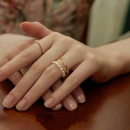 Double Layered Gold Ring with Freshwater Pearl - Ivy-Nora Luxe