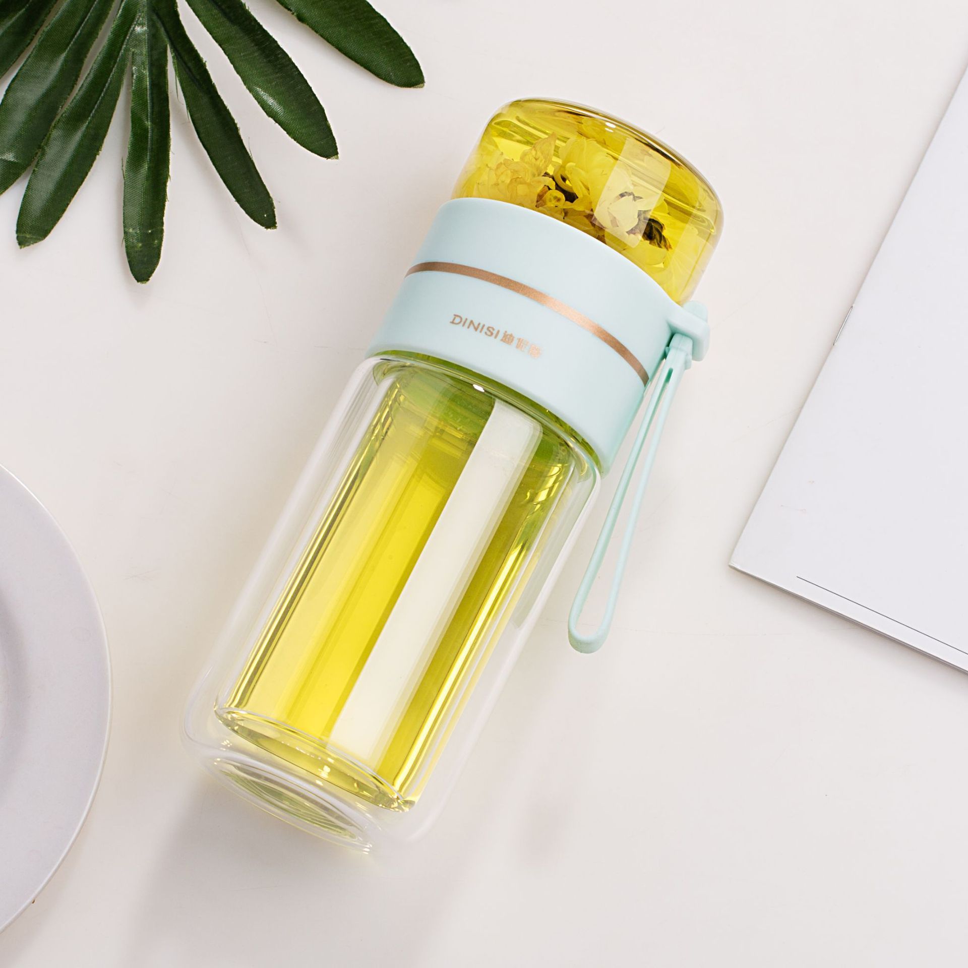 Double-Walled Glass Water Bottle with Tea Infuser - PureBrew-Green-Nora Luxe
