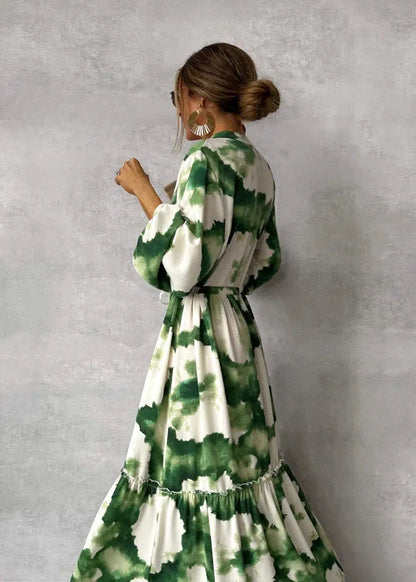 Drizella - Green maxi dress with long sleeves and pointed neckline-S-Nora Luxe