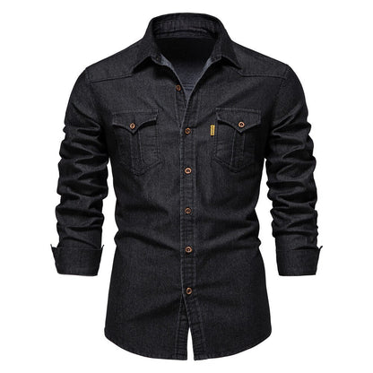 Elastic Cotton Denim Shirt - Logan-Black-S-Nora Luxe