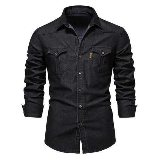 Elastic Cotton Denim Shirt - Logan-Black-S-Nora Luxe