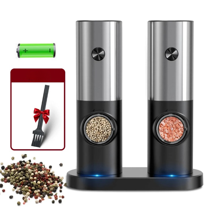 Electric Pepper and Salt Mill Set - SpiceLite-Silver with base-Nora Luxe