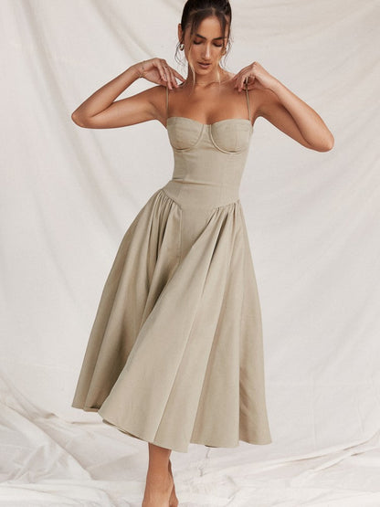 Elegant midi evening dress with pleated hem – Amara-Cream-S-Nora Luxe
