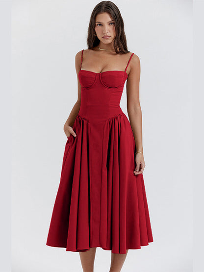 Elegant midi evening dress with pleated hem – Amara-Red-S-Nora Luxe