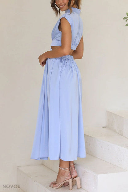 Elegant summer midi dress with roll neck and waist cut-out – Avelina-Black-S-Nora Luxe