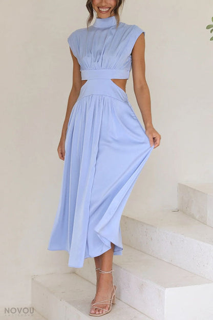 Elegant summer midi dress with roll neck and waist cut-out – Avelina-Black-S-Nora Luxe